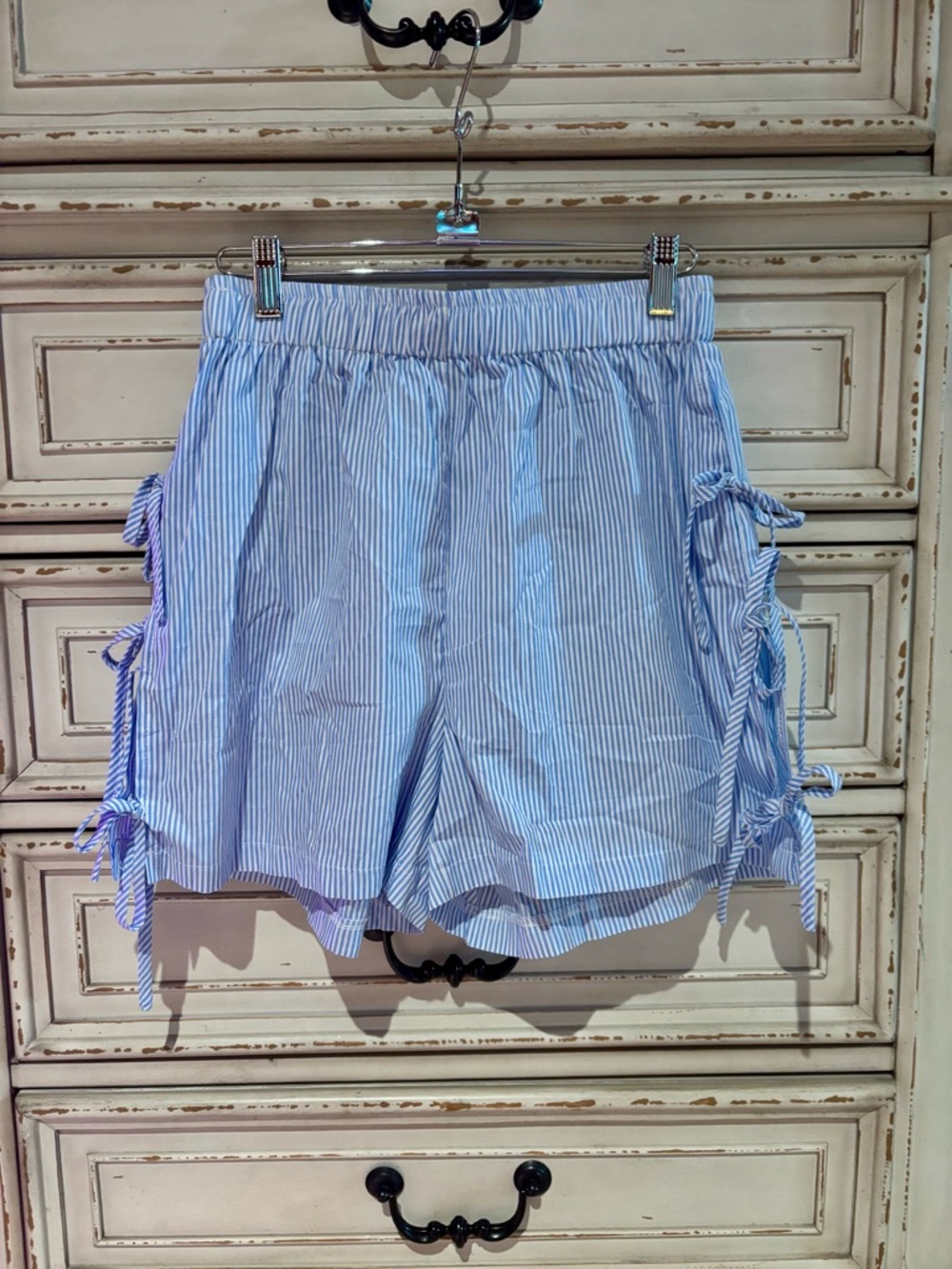 Light Blue Striped Tie-Side Women’s Shorts